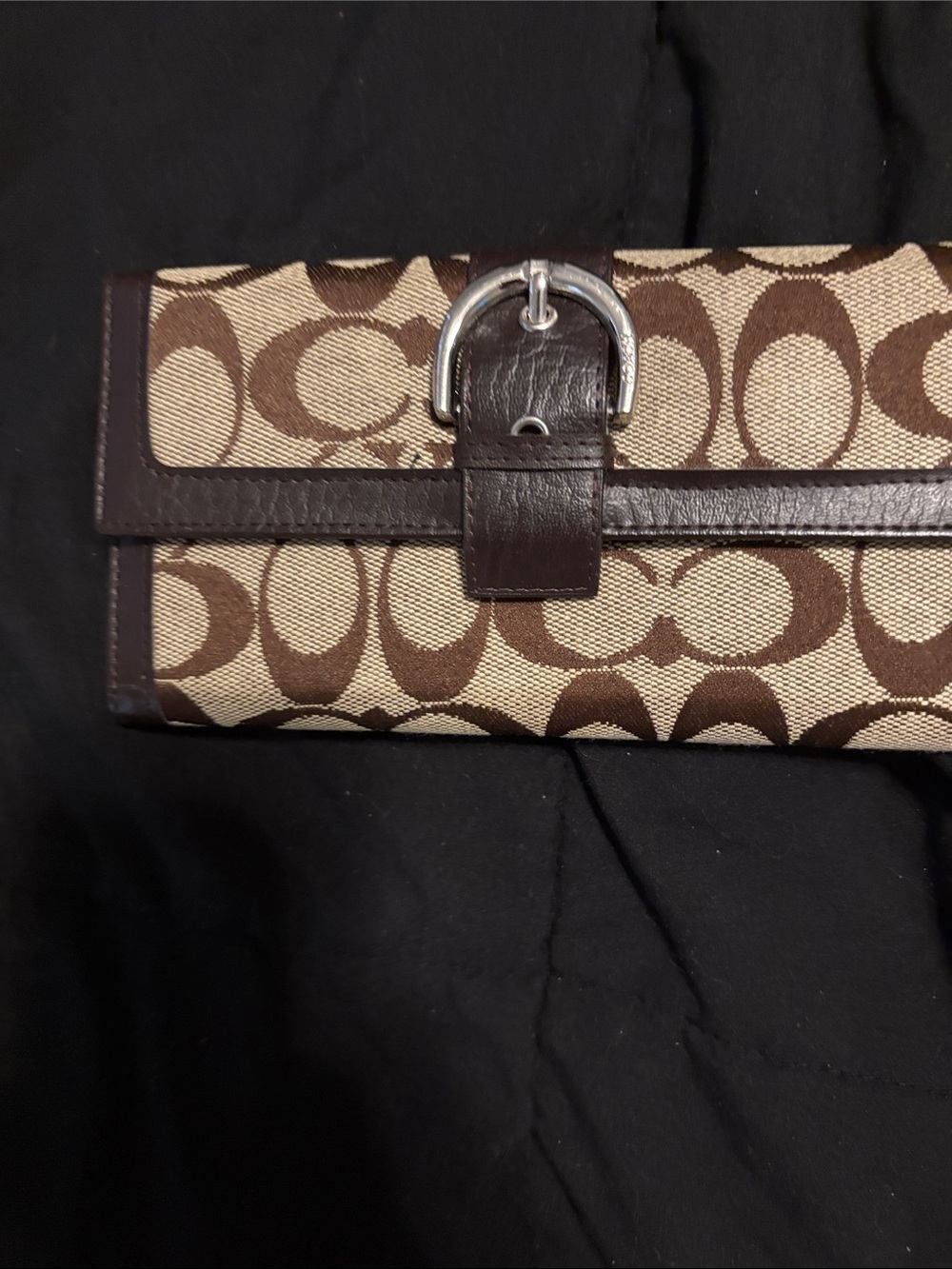Coach Brown Signature Canvas Wallet with Buckle Detail